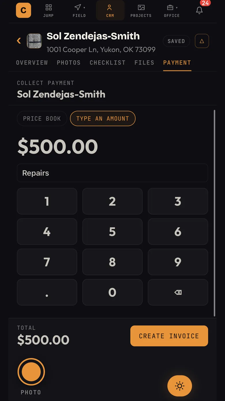 The homeowner's invoice page on a phone: the lines, the balance due, and a Pay online button